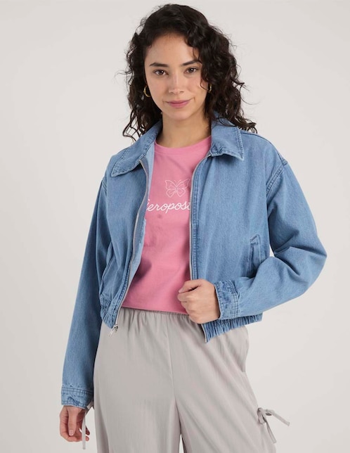 Chamarra bomber Aéropostale de mezclilla para mujer